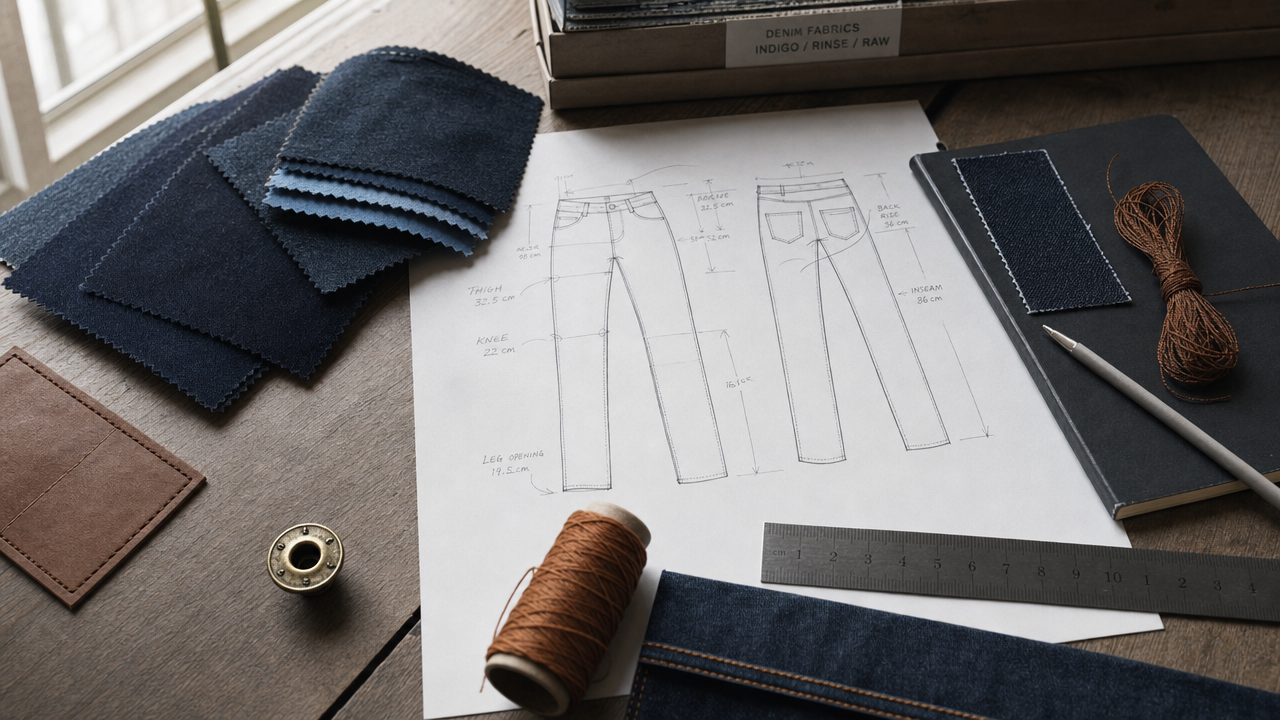 Istanbul denim atelier desk: tech pack sketch, size chart and indigo swatches
